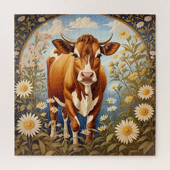 Puzzle Hermosa vaca Jersey en el campo de la margarita (Vertical)