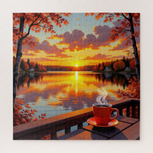 Puzzle Hermosa vista del lago de un amanecer y café calie