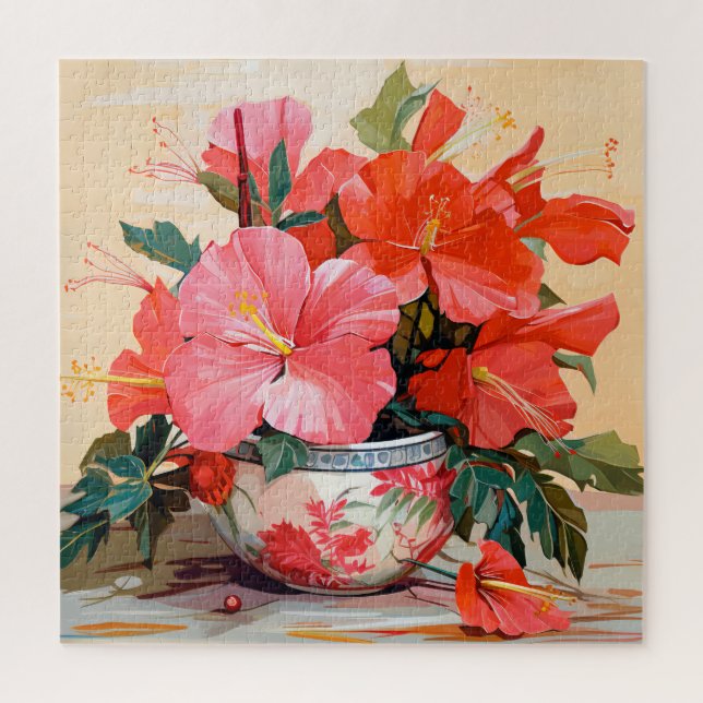 Puzzle Hermosas flores de Hibiscus, rosadas/rojas, (Vertical)