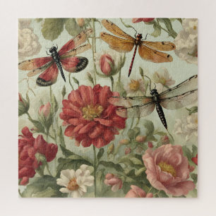 Puzzle Hermosas flores y libélulas de época
