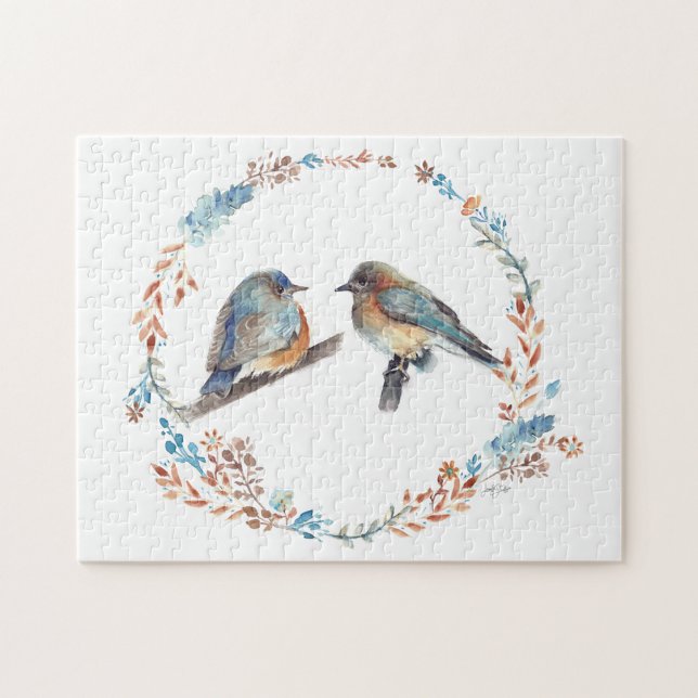 Puzzle Hermoso Bluebird Pareja Arte (Adorable eastern bluebird couple art with floral wreath. Jenn's Emporium.)