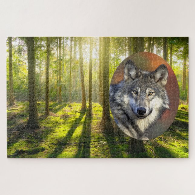 Puzzle Hermoso Bosque Lobo Y Sunrise (Horizontal)