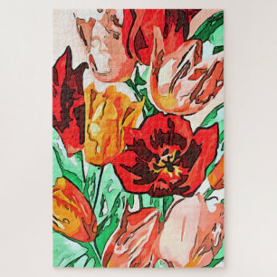 Puzzle Hermoso Bouquet Floral Tulipanes Arte Contorno Neg
