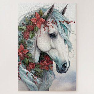 Puzzle Hermoso caballo blanco con Navidades de flores roj