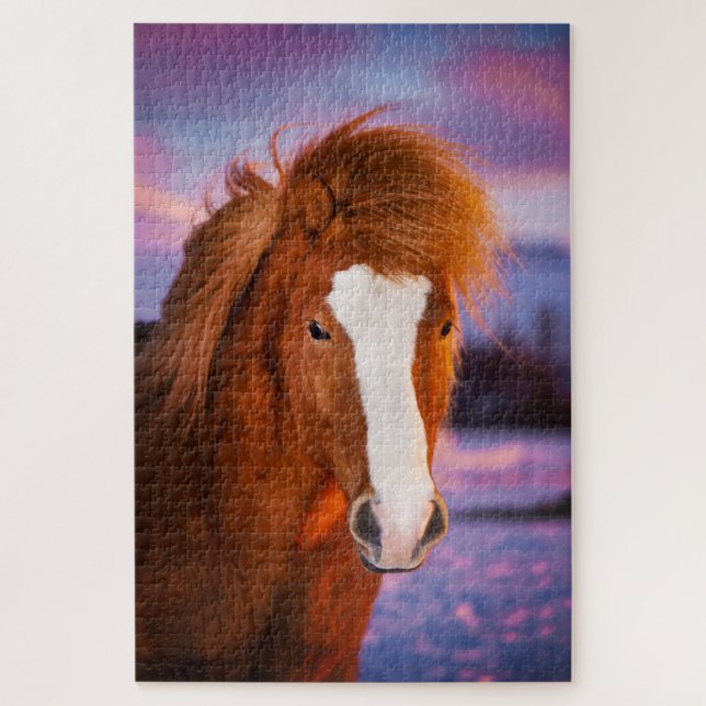Puzzle Hermoso caballo islandés castaño al atardecer (Vertical)