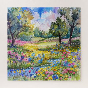 Puzzle Hermoso campo de flores silvestres acuarelas