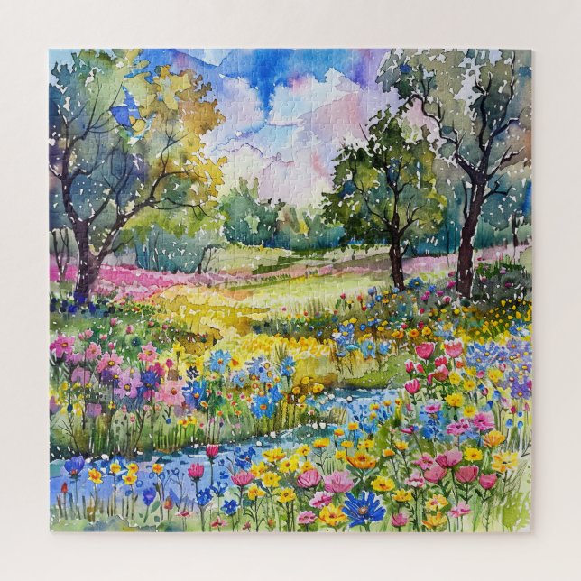 Puzzle Hermoso campo de flores silvestres acuarelas (Vertical)