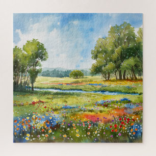 Puzzle Hermoso campo de flores silvestres acuarelas