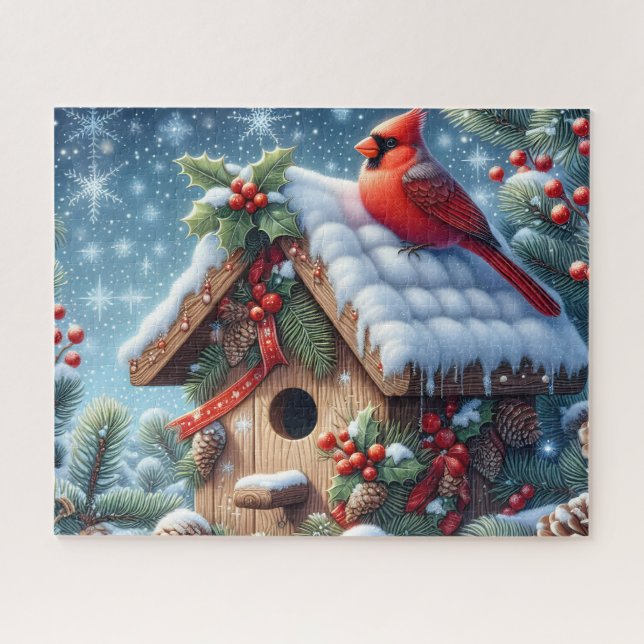 Puzzle Hermoso cardenal de invierno con pajarera (Horizontal)