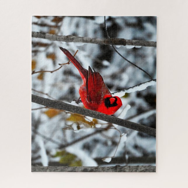 Puzzle Hermoso cardenal rojo brillante en la nieve (Vertical)