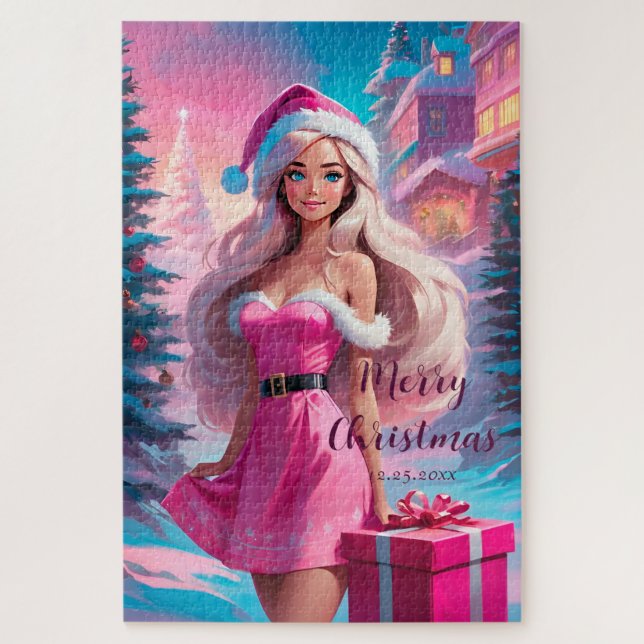 Puzzle Hermoso Chica de Navidades rosados 01 (Vertical)