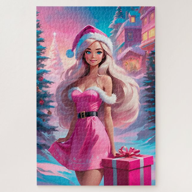 Puzzle Hermoso Chica de Navidades rosados 01 (Vertical)
