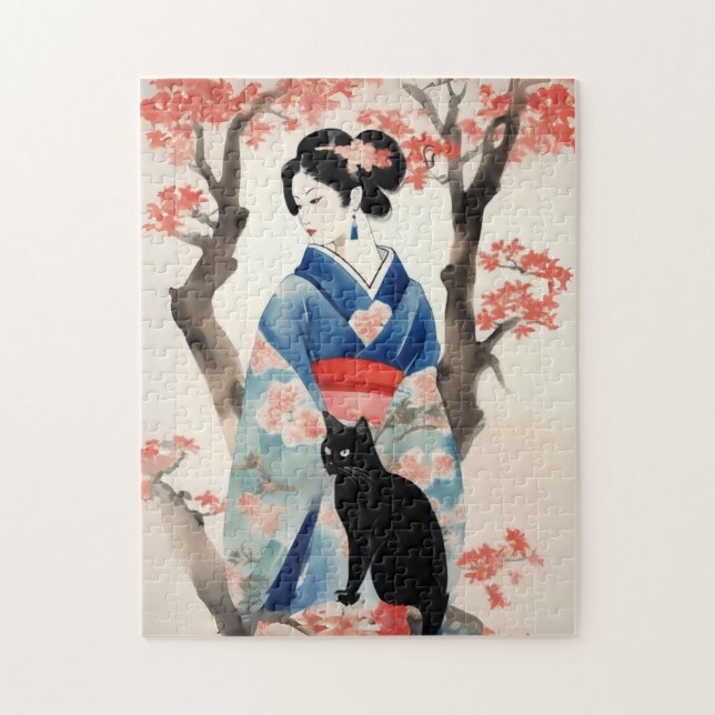 Puzzle Hermoso Chica japonés con un gato negro (Vertical)