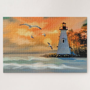 Puzzle Hermoso faro y pintura de escena marina