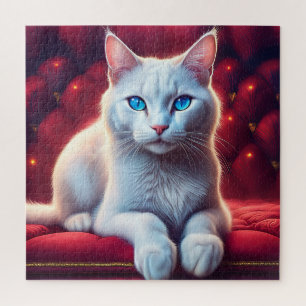 Puzzle Hermoso Gato Albino De Ojos Azules En Un Sofá Rojo
