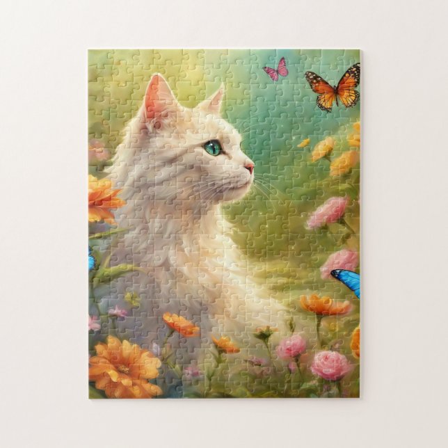 Puzzle Hermoso gato blanco en un jardín 713 (Vertical)