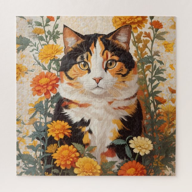 Puzzle Hermoso Gato Calico Con Flores Marigold (Vertical)