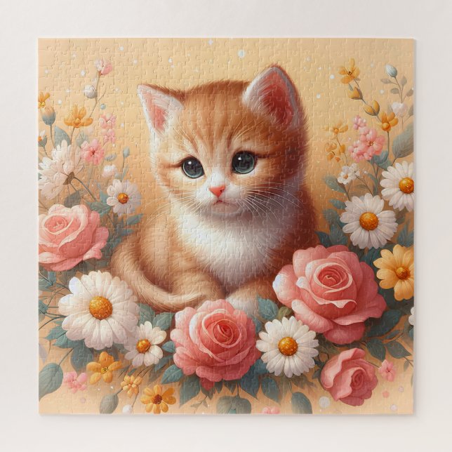 Puzzle Hermoso Gato Con Flores (Vertical)