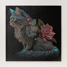 Puzzle Hermoso gato steampunk con flores rosas