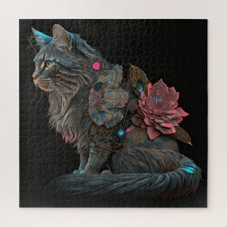 Puzzle Hermoso gato steampunk con flores rosas