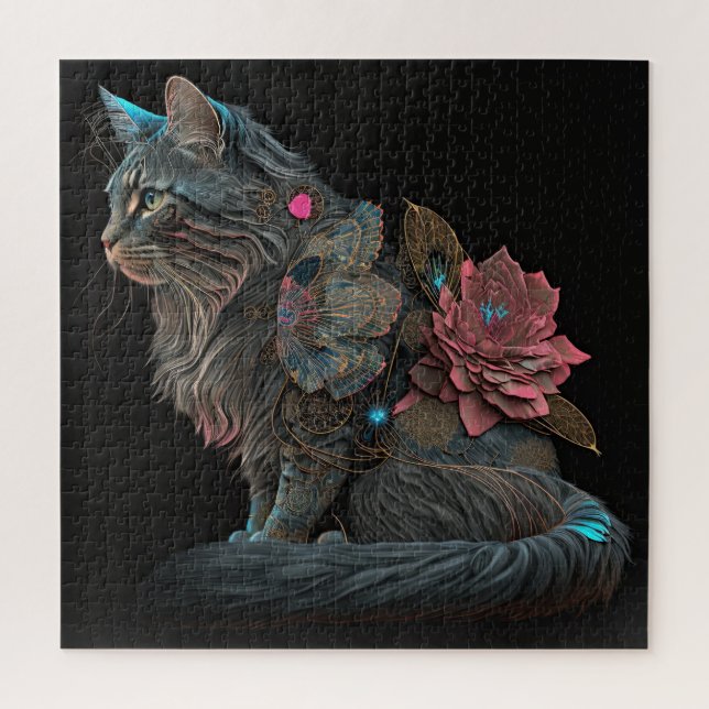 Puzzle Hermoso gato steampunk con flores rosas (Vertical)