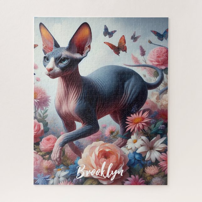 Puzzle Hermoso gato y flores de Sfinx (Vertical)