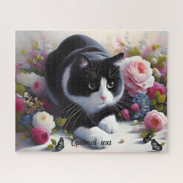 Puzzle Hermoso gato y flores en blanco y negro