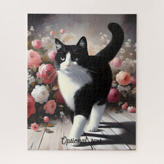 Puzzle Hermoso gato y flores en blanco y negro