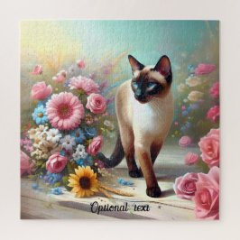 Puzzle Hermoso gato y flores siamesas