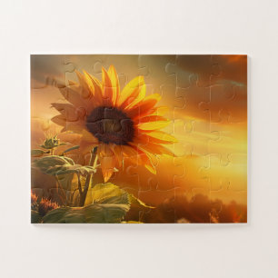Puzzle hermoso girasol de flores de planta al atardecer