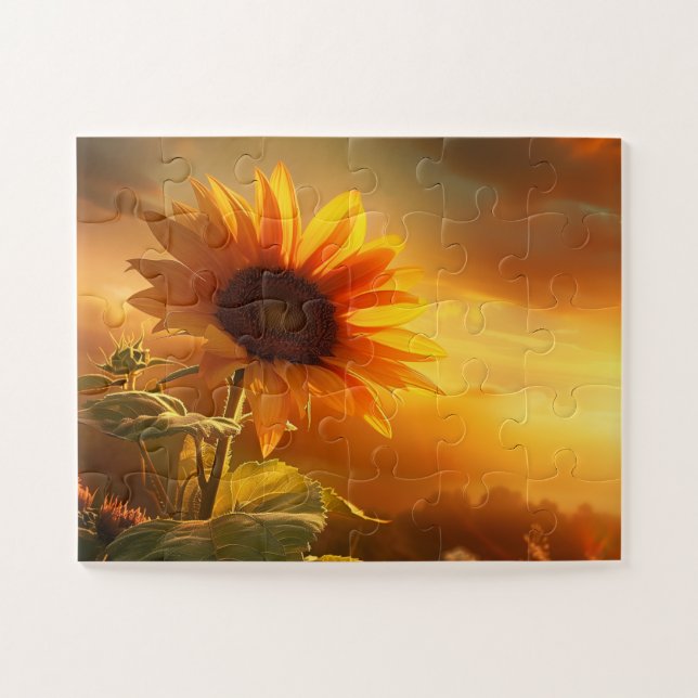 Puzzle hermoso girasol de flores de planta al atardecer (Horizontal)