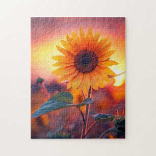 Puzzle hermoso girasol de flores de planta al atardecer
