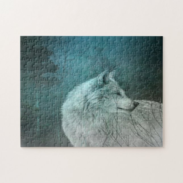 Puzzle Hermoso lobo gris en un bosque oscuro (Horizontal)