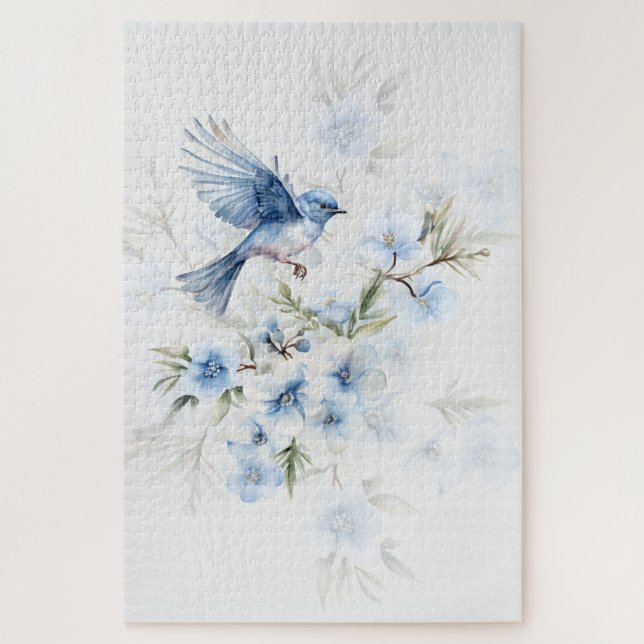 Puzzle Hermoso pájaro azul aterrizando en flores azules (Vertical)
