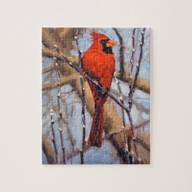 Puzzle Hermoso pájaro cardenal rojo en árbol desnudo (Vertical)