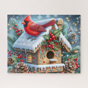 Puzzle Hermoso Pájaro Cardinal de Invierno con Casa para 