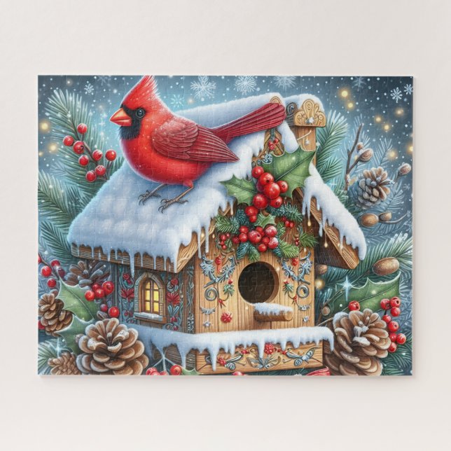Puzzle Hermoso Pájaro Cardinal de Invierno con Casa para  (Horizontal)
