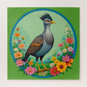 Puzzle Hermoso pájaro exótico descansando entre flores co