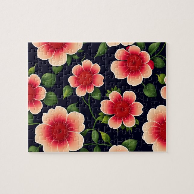 Puzzle Hermoso patrón floral con flores rosadas y rojas (Horizontal)