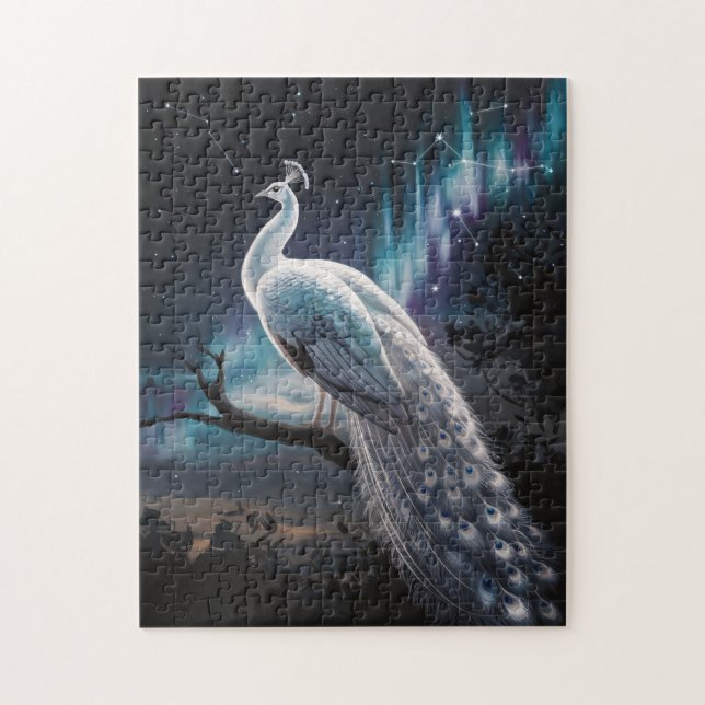 Puzzle Hermoso Pavo Blanco Aurora Borealis Escenario (Vertical)