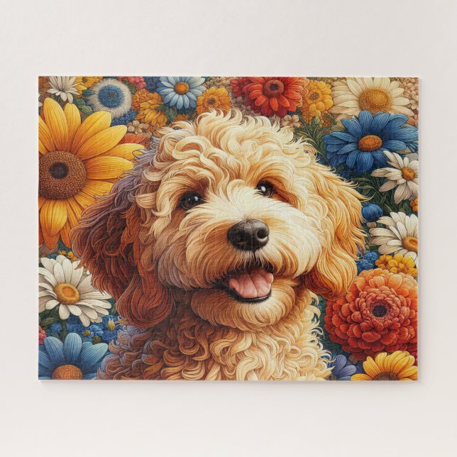 Puzzle Hermoso perro Goldendoodle con flores (Horizontal)