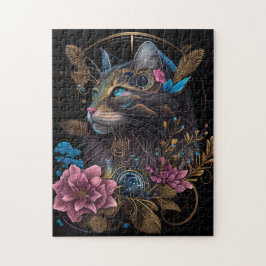 Puzzle Hermoso steampunk Maine Coon con flores arte de IA