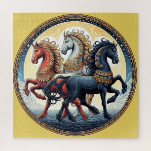 Puzzle "Hermosos caballos místicos rojos, blancos y azule