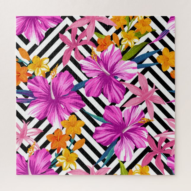 Puzzle hibisco tropical, hojas de palma, geométrico. (Vertical)