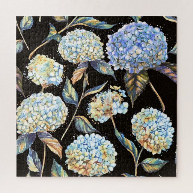 Puzzle Hidrangea Azul Acuarela: Patrón oscuro sin foco (Vertical)