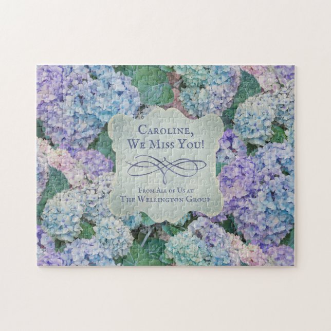 Puzzle Hidrangea azul vintage Monograma Floral Nombre (Horizontal)