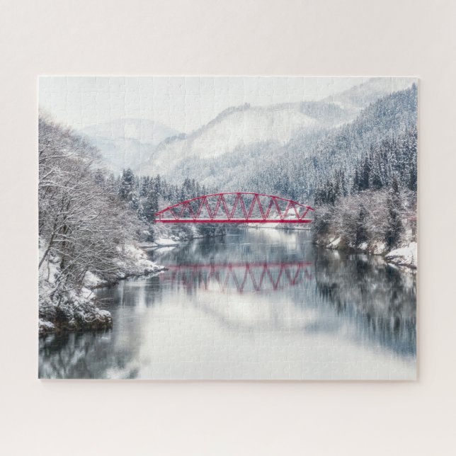 Puzzle Hielo y nieve | Puente rojo en invierno, Japón (Horizontal)
