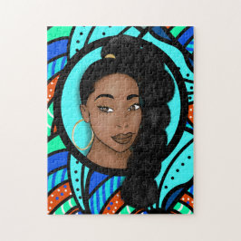 Puzzle High Puff Ponytail, Natural Beauty, Blue Abstract