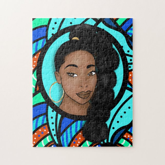 Puzzle High Puff Ponytail, Natural Beauty, Blue Abstract (Vertical)