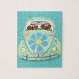Puzzle Hippies Dachshund en su coche de flores del amor